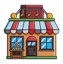 Colorful shop with striped awning