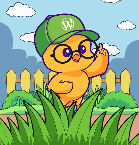 Cartoon chick wearing WordPress cap
