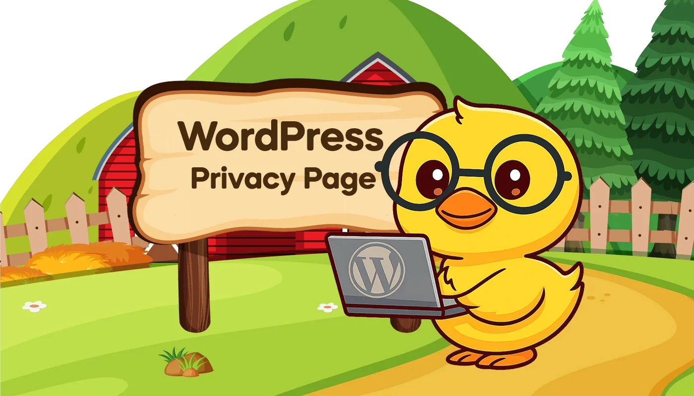 Cartoon duck with laptop and sign