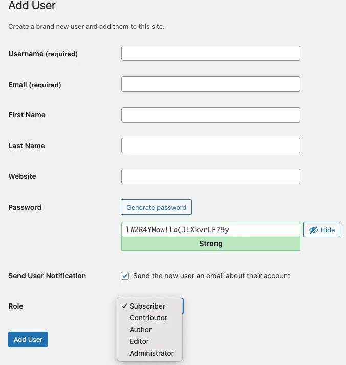 User creation form in WordPress