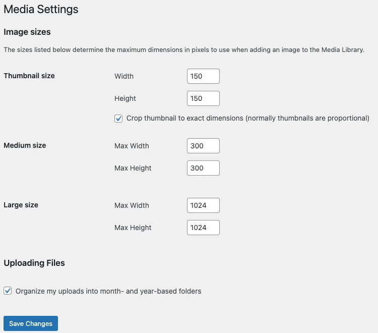 WordPress media size settings interface