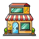 Colorful shop with striped awning.